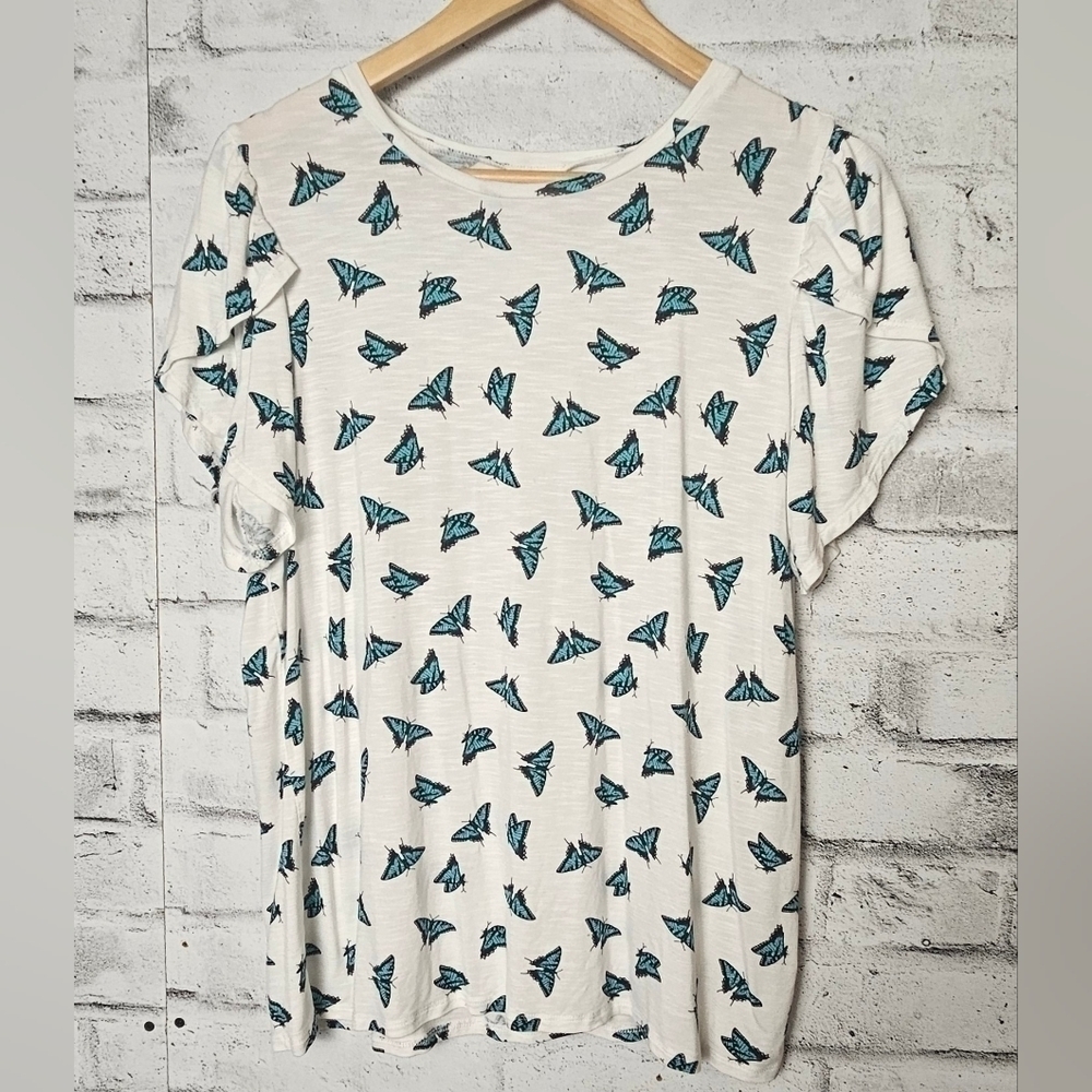 LuLaRoe Butterfly Print Tee Blue White Relaxed Fit Size Large